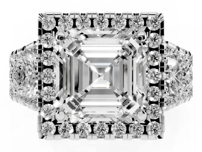 Asscher Cut Halo Split Shank Engagement Ring Setting | Round Side Stones | Sterling Silver