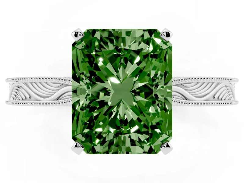 Fancy Green Radiant Cut Diamond Solitaire Milgrain Engraved Band Set in Silver with Prong Setting