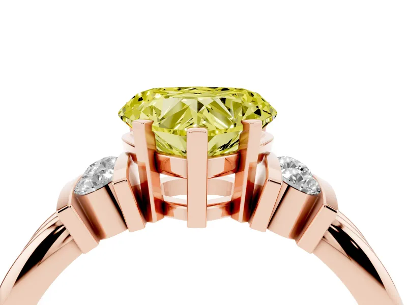 Fancy Yellow Three-Stone Heart Cut Diamond Channel Set Ring Set in Rose gold with Bar Prongs