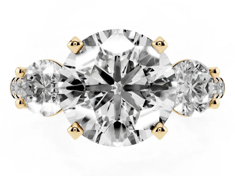 Three-Stone Round Cut Diamond Pavé Band Ring Set in Yellow gold with Prong-Set Trio