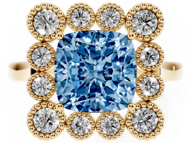 Cushion Cut Milgrain Cluster Halo Engagement Ring Setting for a Fancy Blue Lab-Grown Diamond | Plain Band | Yellow Gold