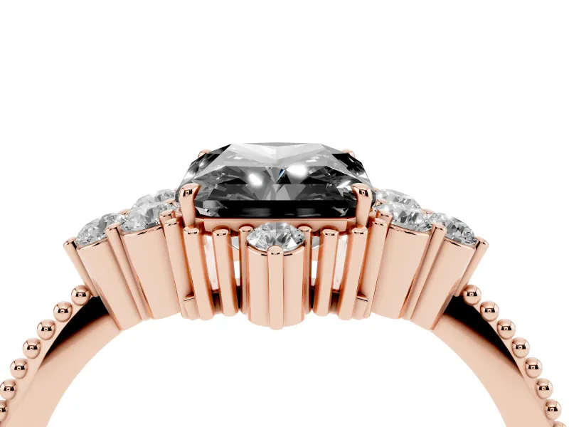 Fancy Black Radiant Cut Diamond Cluster Ring Set in Rose gold with Beaded Band