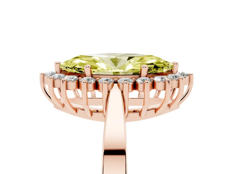 Fancy Yellow Marquise Cut Diamond Halo Ring Set in Rose gold with Round Halo and Smooth Solitaire Band