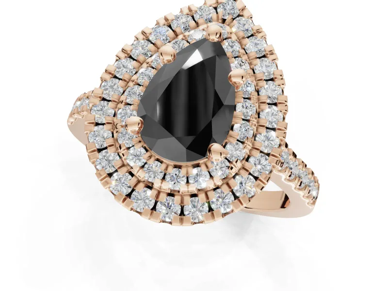 Fancy Black Pear-Shaped Lab-Grown Diamond Double Halo Statement Ring Set in Rose Gold with Pavé Band