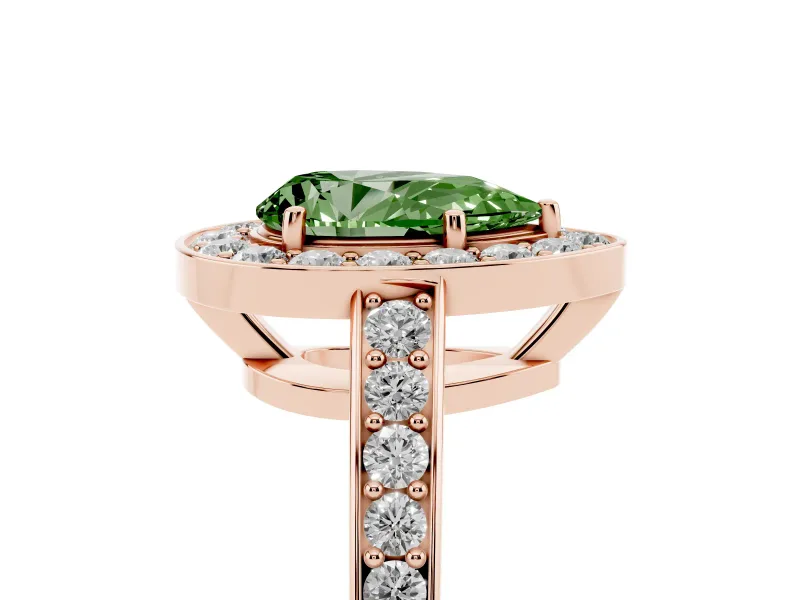 Fancy Green Pear Cut Diamond Halo Pavé Engagement Ring Set in Rose gold with Bezel Setting