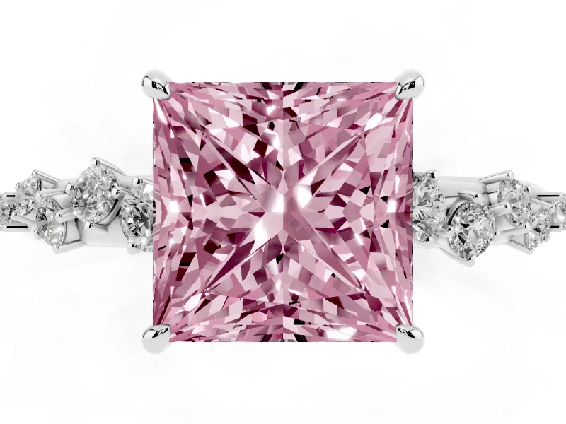 Fancy Pink Princess Cut Diamond Cluster Solitaire Ring Set in Silver with Prong Setting