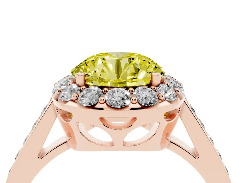 Round Floral Halo Engagement Ring Setting for a Fancy Yellow Lab-Grown Diamond | Large Round Accents | Rose Gold