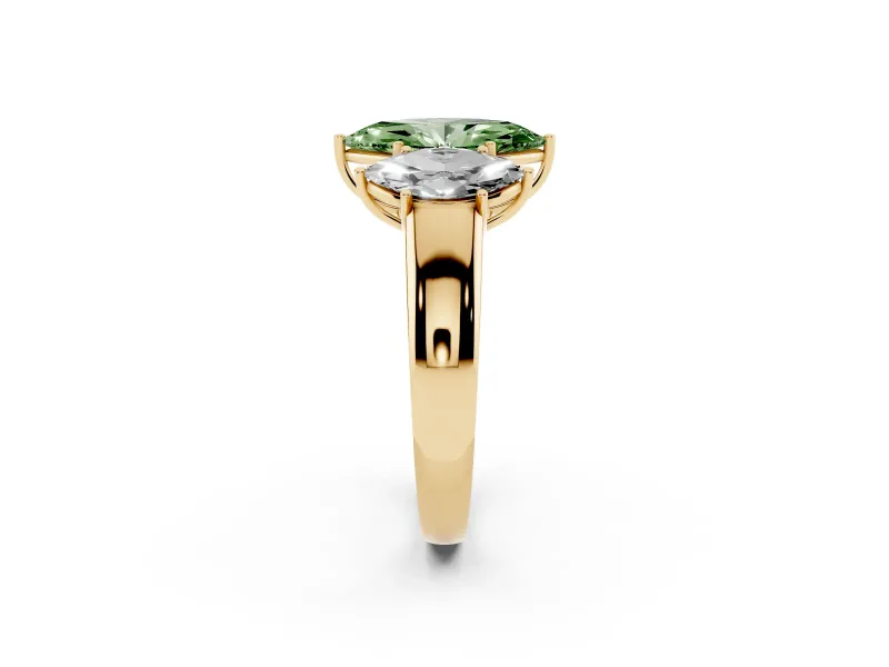 Fancy Green Three-Stone Marquise Cut Diamond Ring Set in Yellow gold with Matching Prong Settings and Plain Band