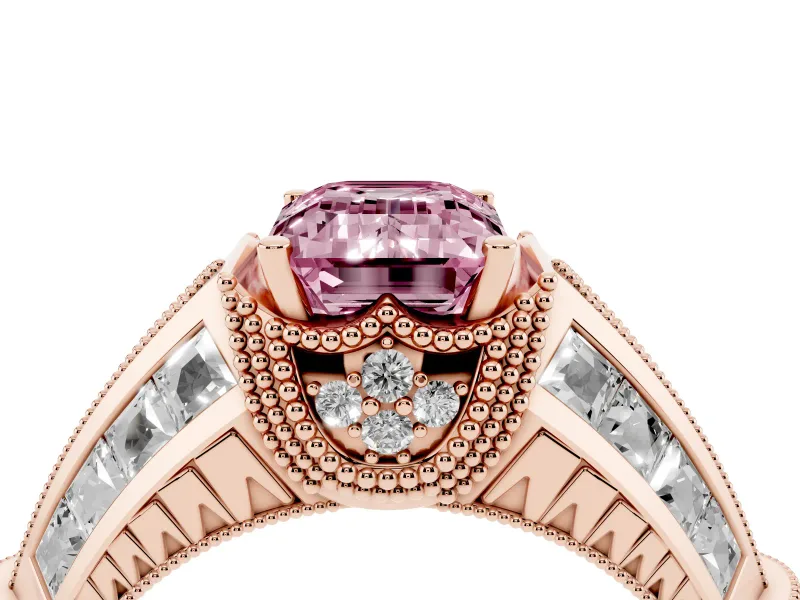 Emerald Cut Vintage Milgrain Engagement Ring Setting for a Fancy Pink Lab-Grown Diamond | Hidden Halo | Rose Gold