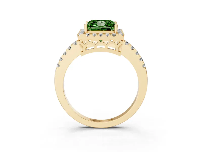 Fancy Green Princess Cut Diamond Pavé Band Halo Engagement Ring Set in Yellow gold with Prong Setting