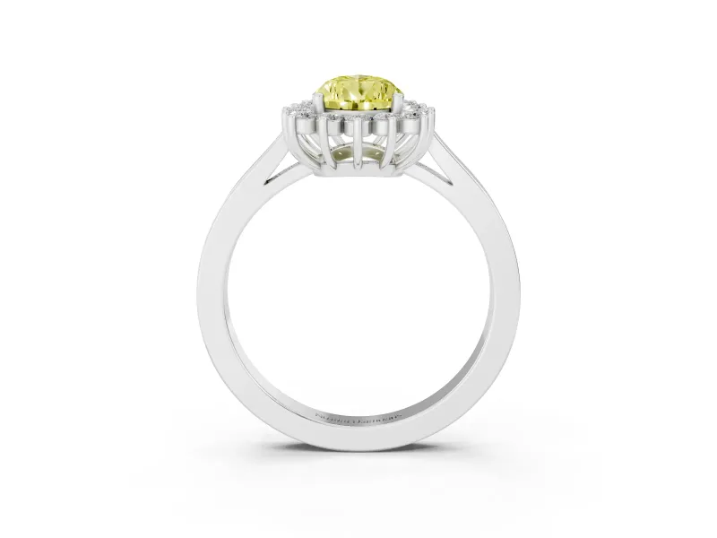 Fancy Yellow Pear Cut Diamond Halo Ring Set in White gold with Round Halo and Smooth Solitaire Band