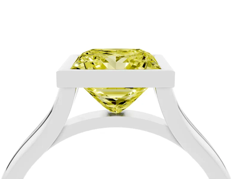 Fancy Yellow Bezel Set Princess Cut Diamond Solitaire Ring Set in White gold with Tapered Band