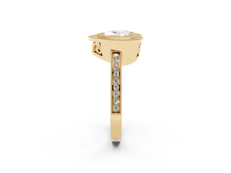 Heart Cut Diamond Halo Ring Set in Yellow gold with Pavé Band and Milgrain-Edged Prongs