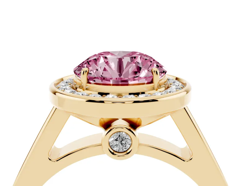 Fancy Pink Round Cut Diamond Halo Solitaire Ring Set in Yellow gold with Pavé Band and Bezel Setting