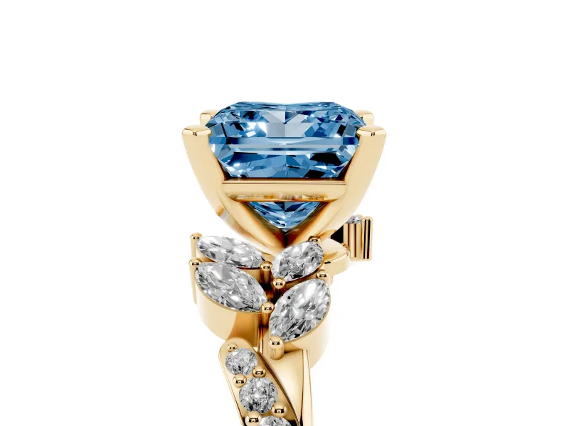 Princess Cut Floral Engagement Ring Setting for a Fancy Blue Lab-Grown Diamond | Marquise Side Stones | Yellow Gold