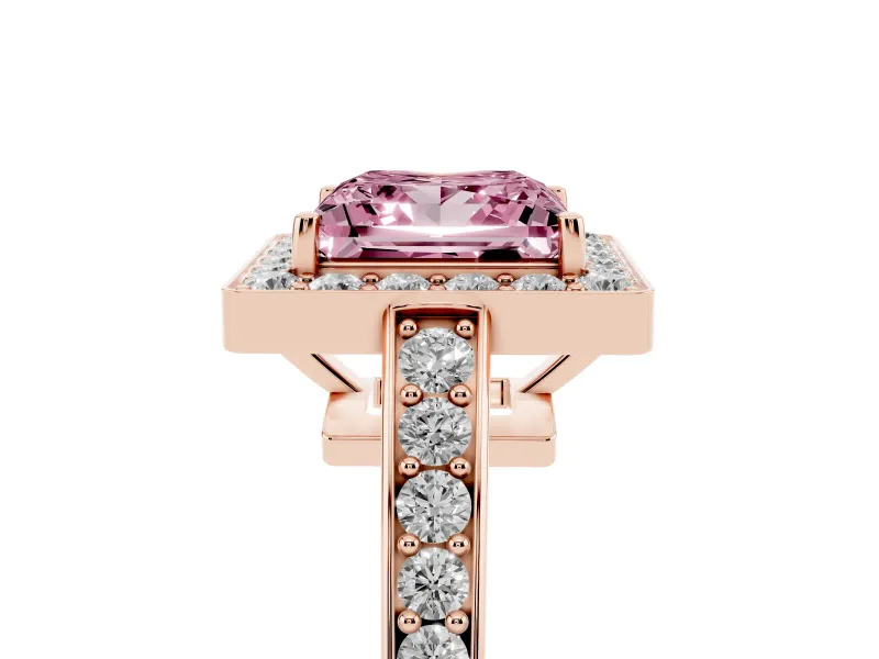 Fancy Pink Princess Cut Diamond Halo Pavé Engagement Ring Set in Rose gold with Bezel Setting