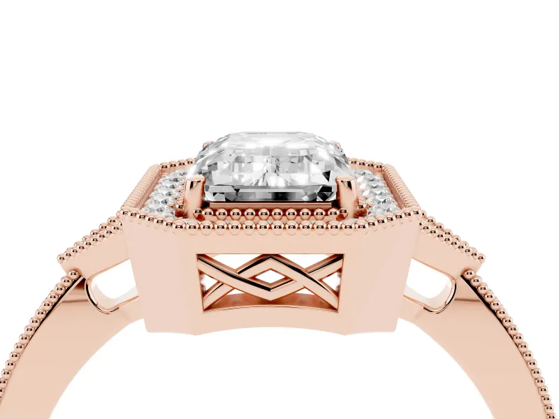 Emerald Cut Diamond Halo Engagement Ring Set in Rose gold with Milgrain Pavé Band