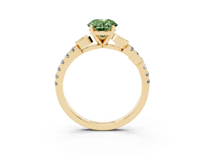 Fancy Green Oval Cut Diamond Solitaire Leaf-Inspired Ring Set in Yellow gold with Pavé Band and Prong Setting