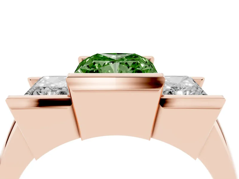 Radiant Cut Channel-Set Three Stone Engagement Ring Setting for a Fancy Green Lab-Grown Diamond | Rose Gold
