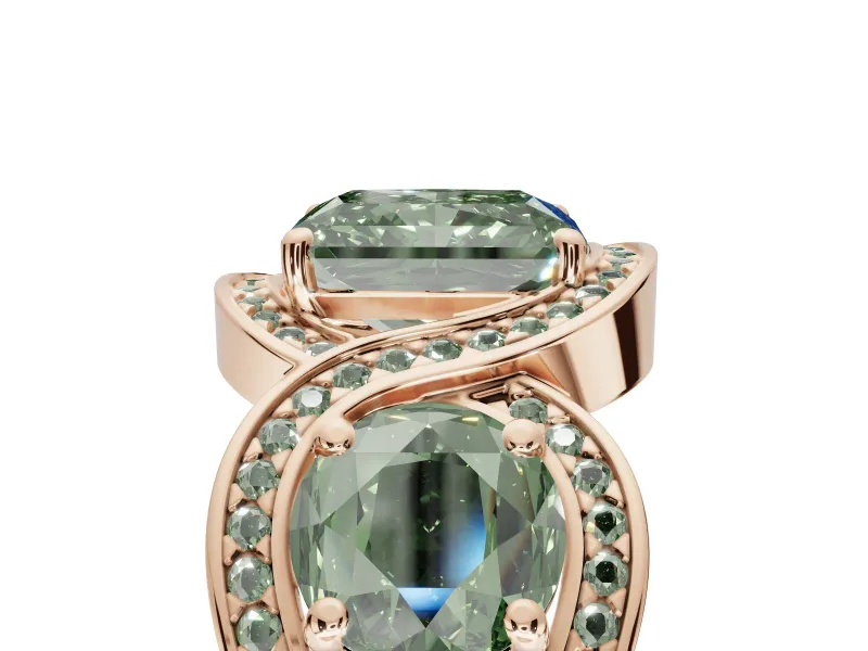 Radiant Cut Three Stone Halo Engagement Ring Setting for a Fancy Green Lab-Grown Diamond | Pavé Wave Band | Rose Gold