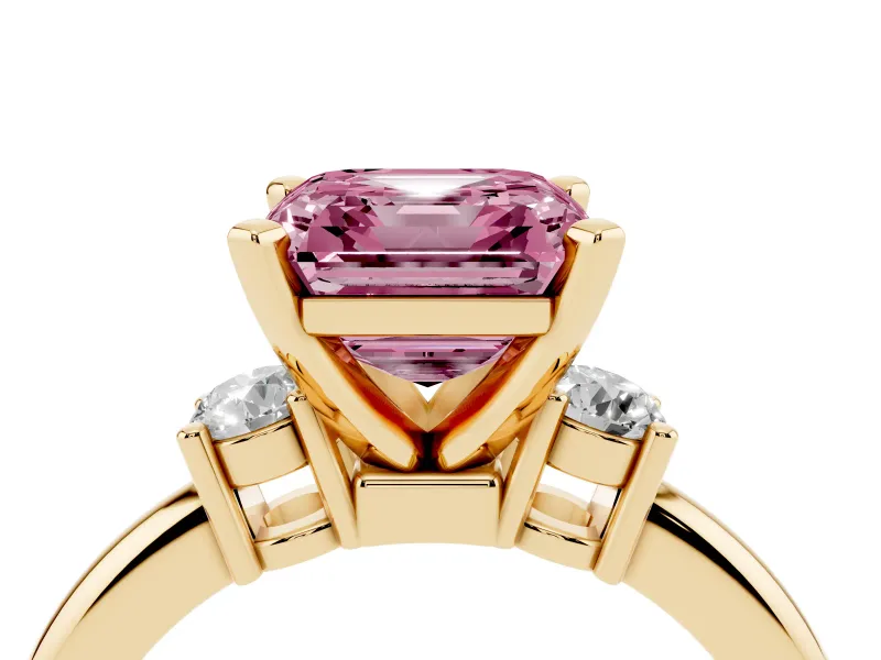 Fancy Pink Three-Stone Asscher Cut Diamond Ring Set in Yellow gold with Prong Setting and Plain Band