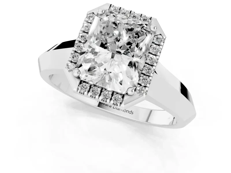 Radiant Cut Diamond Halo Ring Set in White gold with Cathedral Band and Prong Setting