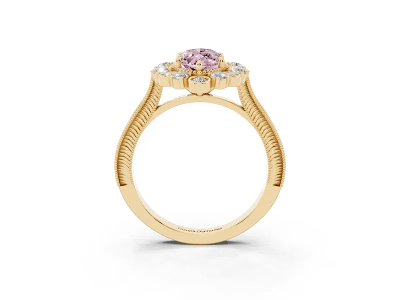 Marquise Scalloped Halo Engagement Ring Setting for a Fancy Pink Lab-Grown Diamond | Milgrain Edges | Yellow Gold