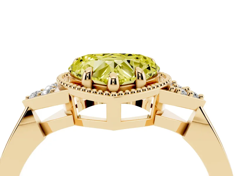 Fancy Yellow Heart Cut Diamond Milgrain Solitaire Ring Set in Yellow gold with Tapered Pavé Band and Prong Setting