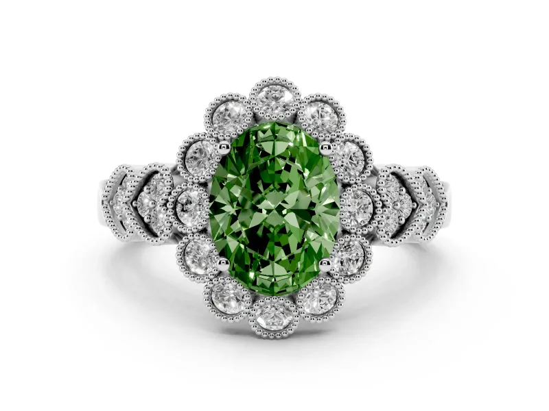 Fancy Green Oval Cut Diamond Solitaire Ring Set in White gold with Milgrain Pavé Heart Band