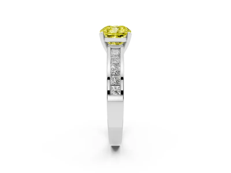 Fancy Yellow Cushion Cut Diamond Solitaire Ring Set in Platinum with Channel-Set Band and Prong Setting