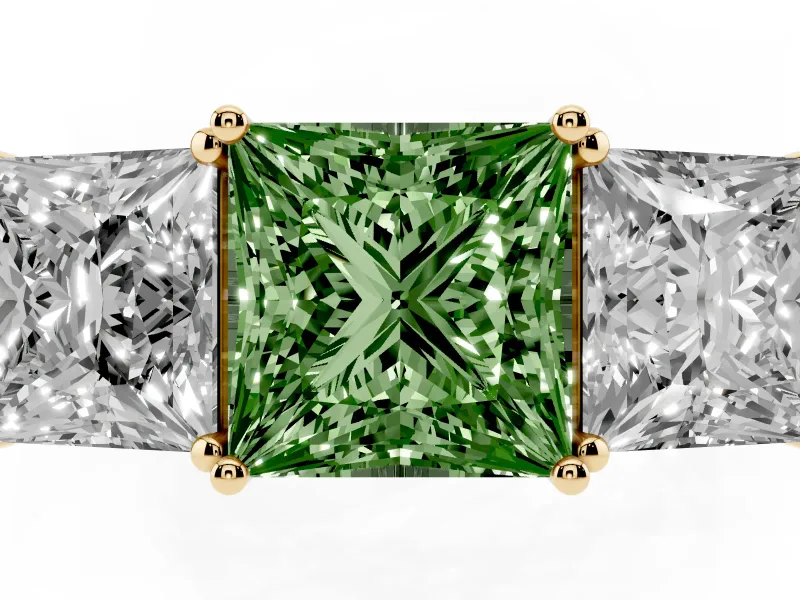Princess Cut Three Stone Engagement Ring Setting for a Fancy Green Lab-Grown Diamond | Beaded Shoulders | Yellow Gold
