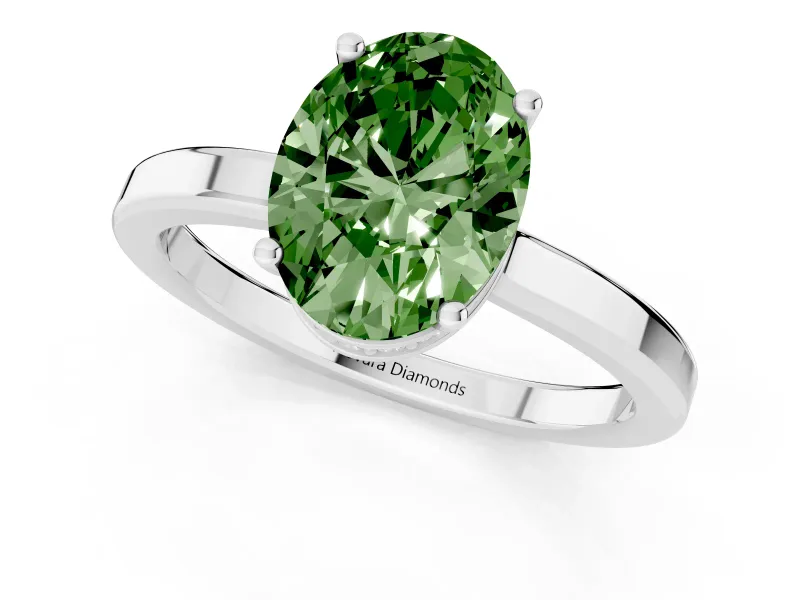 Fancy Green Oval Cut Diamond Solitaire Engagement Ring Set in White gold with Prong Setting on a Plain Band
