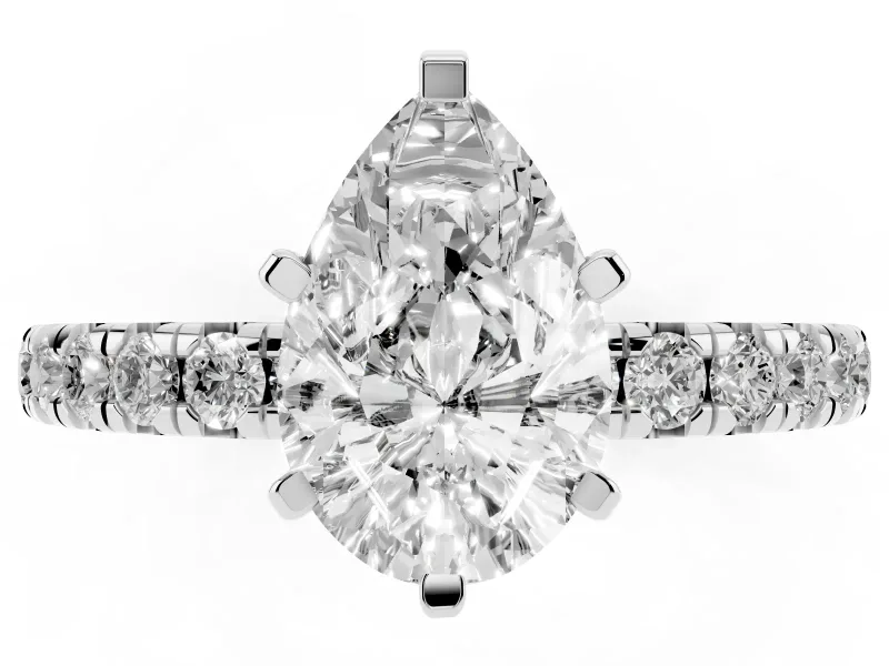 Pear Cut Diamond Pavé Solitaire Ring Set in Silver with Round Band and Prong Setting