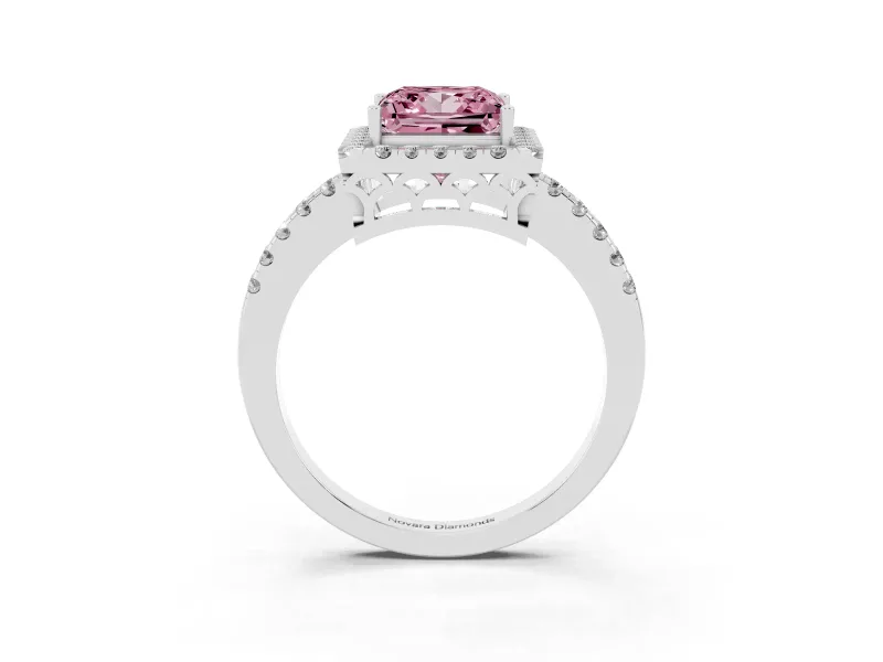 Fancy Pink Princess Cut Diamond Pavé Band Halo Engagement Ring Set in Silver with Prong Setting