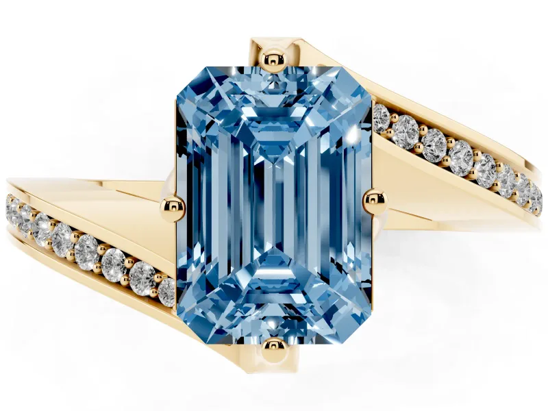 Emerald Cut Bypass Pavé Solitaire Engagement Ring Setting for a Fancy Blue Lab-Grown Diamond | Angled Head | Yellow Gold