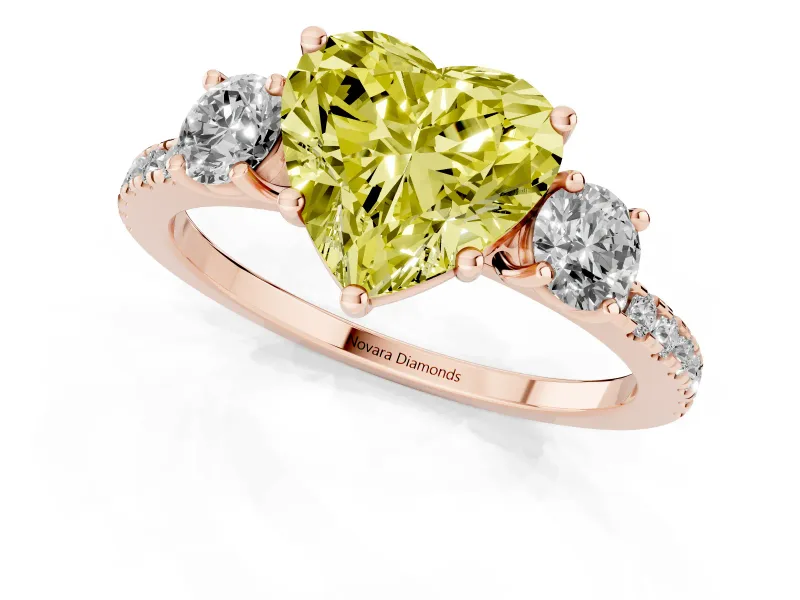 Heart-Shaped Three Stone Engagement Ring Setting for a Fancy Yellow Lab-Grown Diamond | Pave Shoulders | Rose Gold