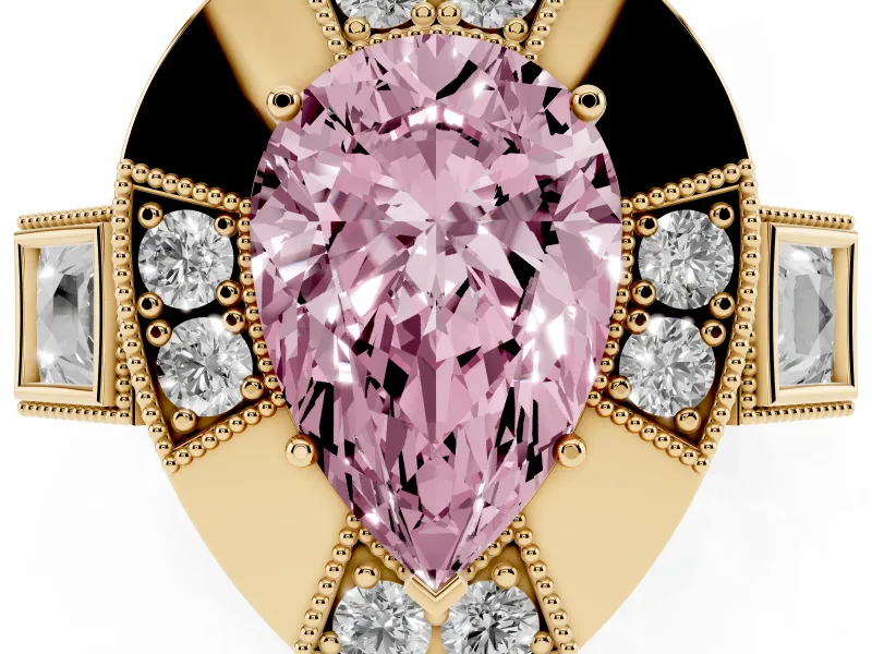 Fancy Pink Pear Cut Diamond Milgrain Halo Ring Set in Yellow gold with Split Shank