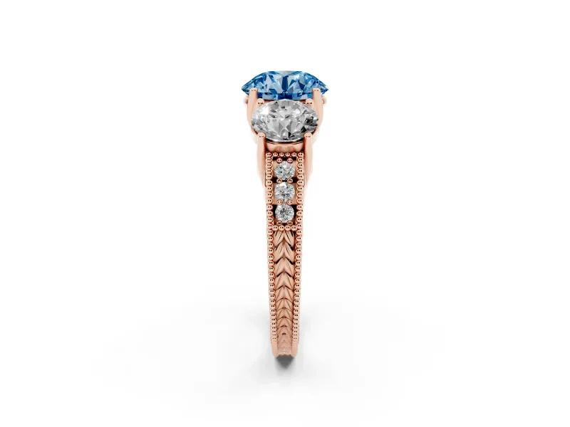 Round Vintage Three Stone Engagement Ring Setting for a Fancy Blue Lab-Grown Diamond | Rose Gold