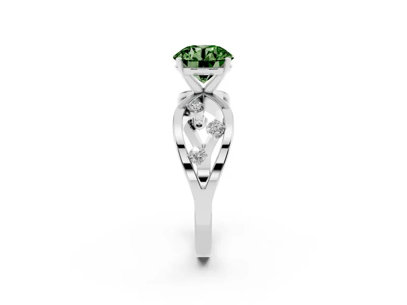 Fancy Green Round Cut Diamond Solitaire Ring Set in White gold with Side Stones on Criss-Cross Band and Prong Setting