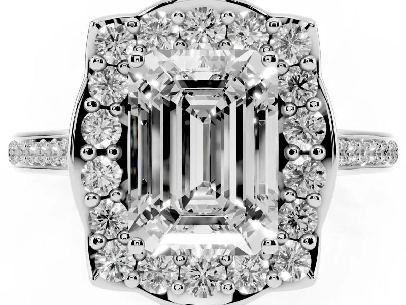 Emerald Cut Petal Tip Halo Engagement Ring Setting | Single Row Pavé Band | Platinum