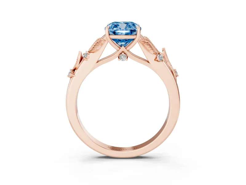 Cushion Cut Leaf Solitaire Engagement Ring Setting for a Fancy Blue Lab-Grown Diamond | Rose Gold