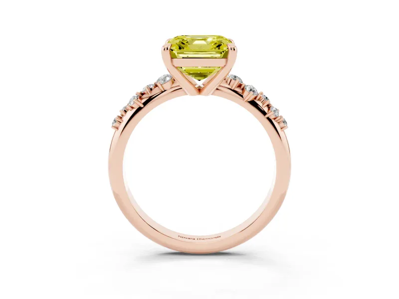 Fancy Yellow Asscher Cut Diamond Solitaire Vine Band Ring Set in Rose gold with Round Accents and Prong Setting