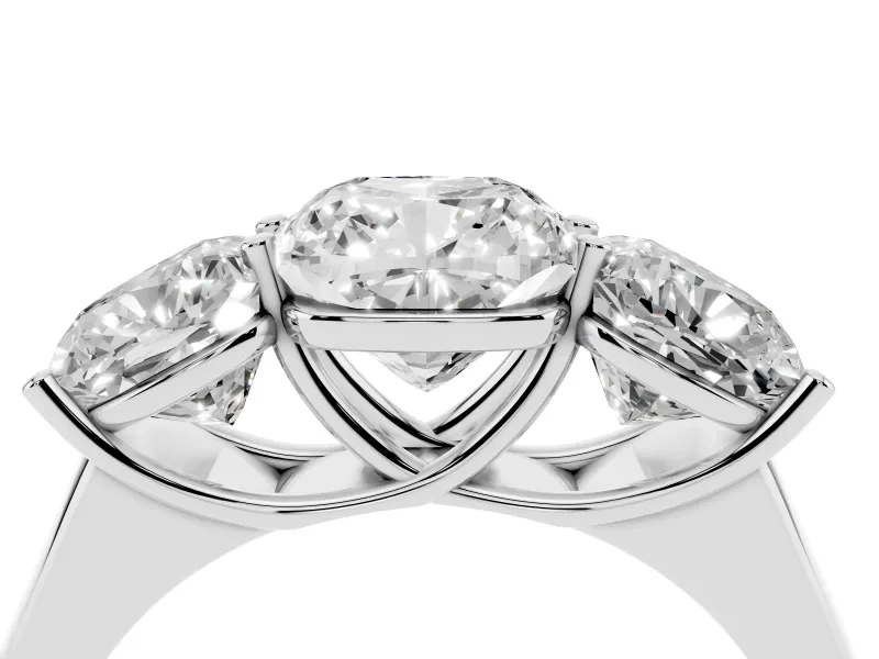 Cushion Cut Three Stone Engagement Ring Setting | Basket Prong Heads | White Gold