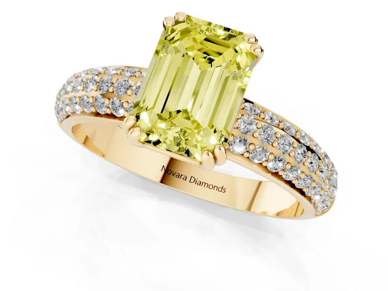 Emerald Cut Three Row Pave Engagement Ring Setting for a Fancy Yellow Lab-Grown Diamond | Double Claws | Yellow Gold