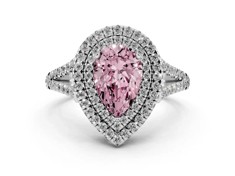 Fancy Pink Pear Cut Diamond Double Halo Ring Set in Silver with Pavé Band