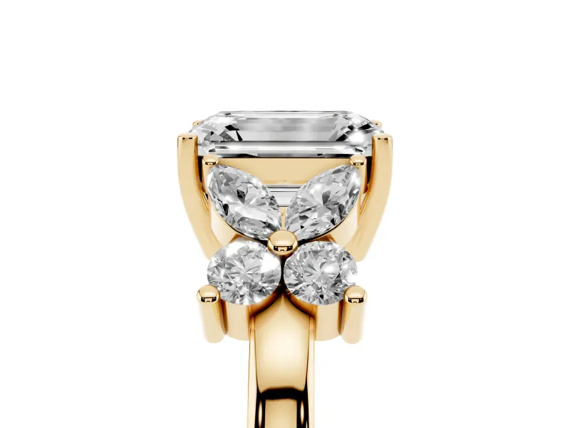 Emerald Cut Diamond Floral Cluster Ring Set in Yellow gold with Marquise Petals and Prong Setting