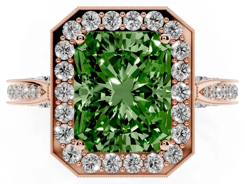 Radiant Cut Milgrain Halo Engagement Ring Setting for a Fancy Green Lab-Grown Diamond | Side Stones | Rose Gold