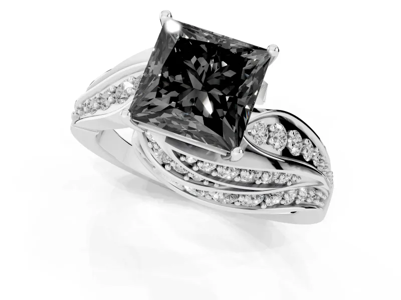 Fancy Black Princess Cut Diamond Solitaire Ring Set in Silver with Layered Twist Pavé Band