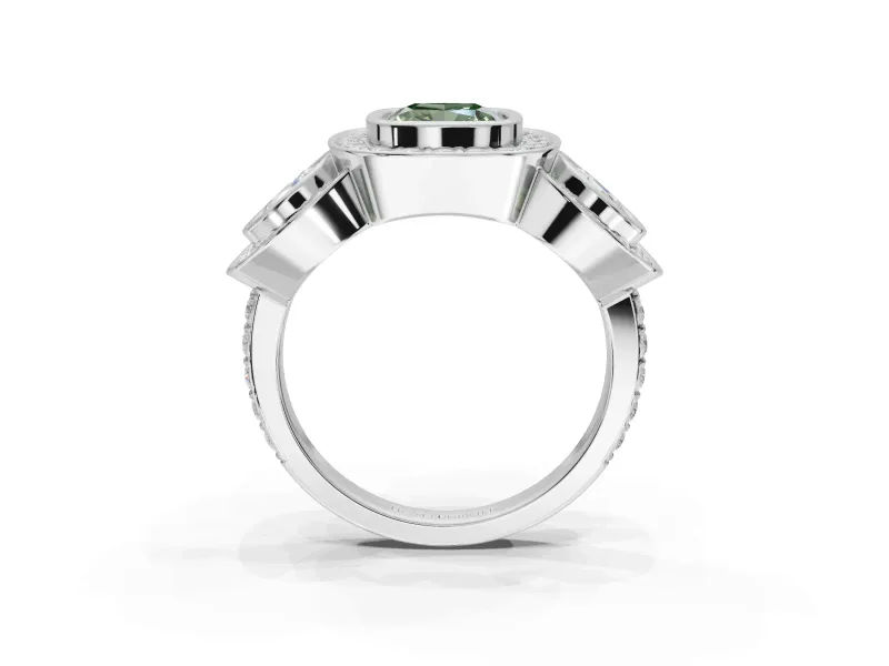 Cushion Cut Three Stone Halo Engagement Ring Setting for a Fancy Green Lab-Grown Diamond | Platinum