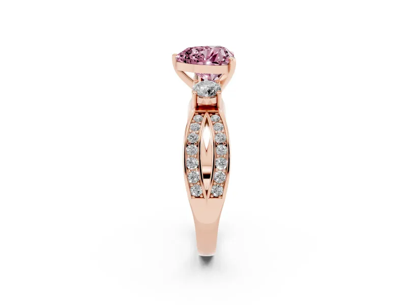 Heart-Shaped Three-Stone Pavé Twist Engagement Ring Setting for a Fancy Pink Lab-Grown Diamond | Split Shank | Rose Gold